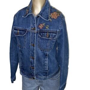 BILL BLASS Jacket Women Small Denim Vintage Floral EMBROIDERY BOHO Retro Hippie